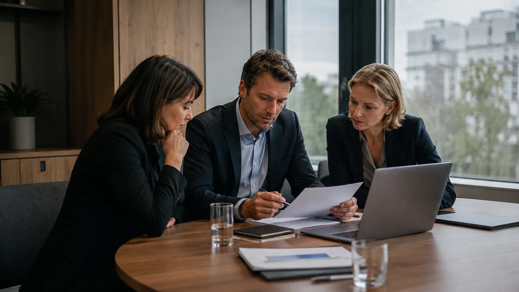 Business buying team reviewing supplier information beside a laptop