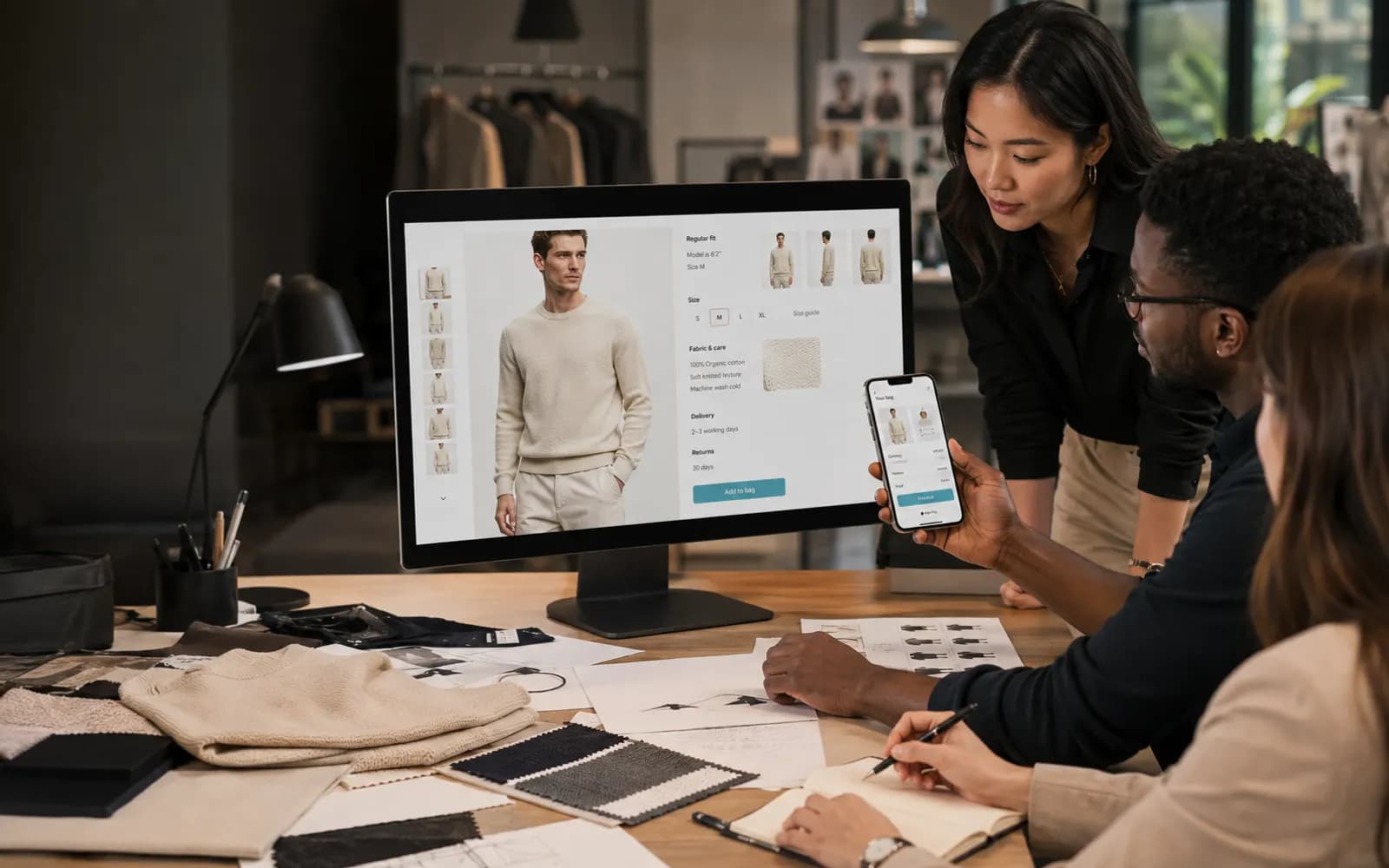 Fashion product team reviewing fit content and a mobile purchase journey