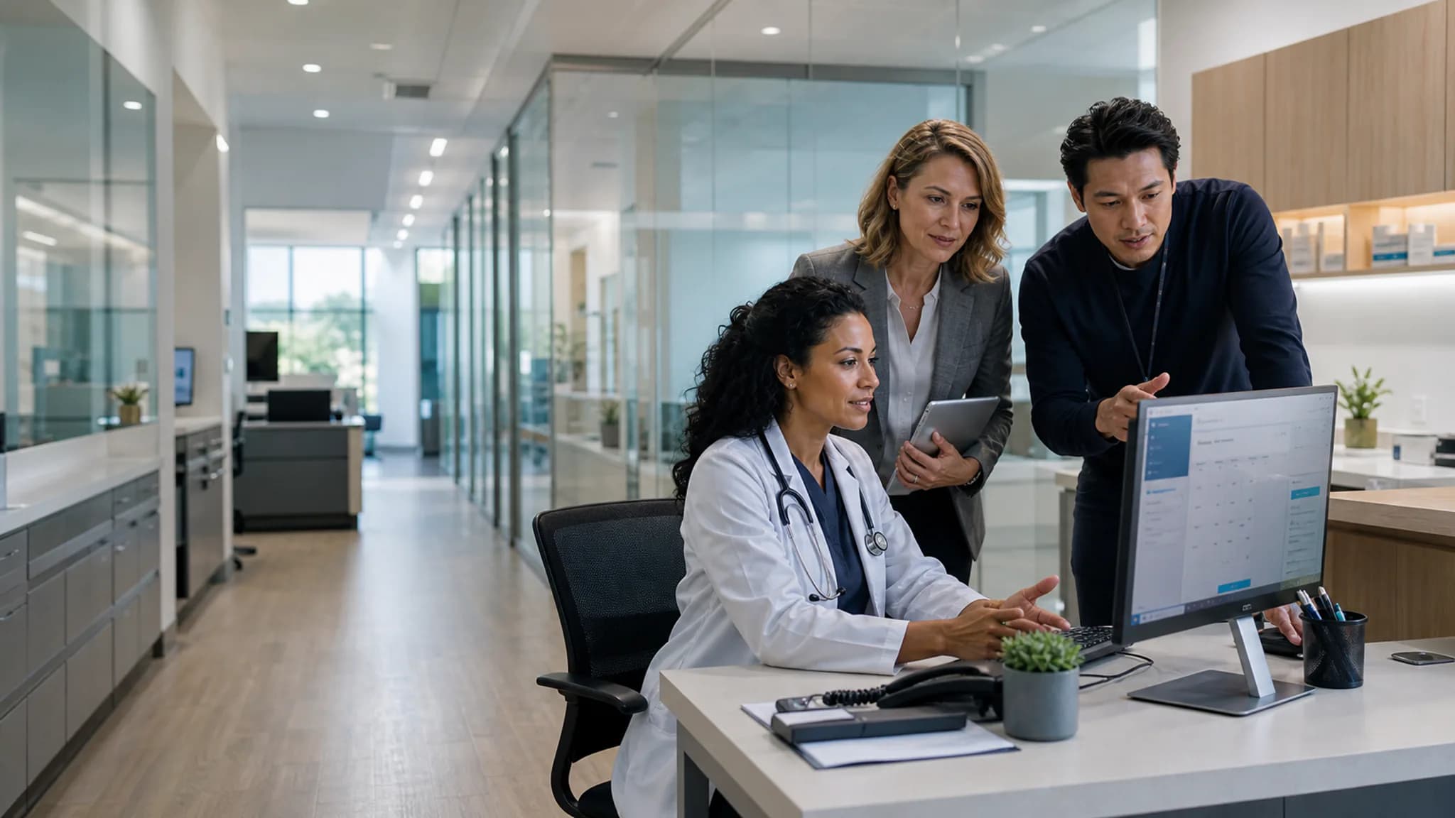 A clinician and healthcare operations team reviewing a patient access and scheduling experience in a modern clinic
