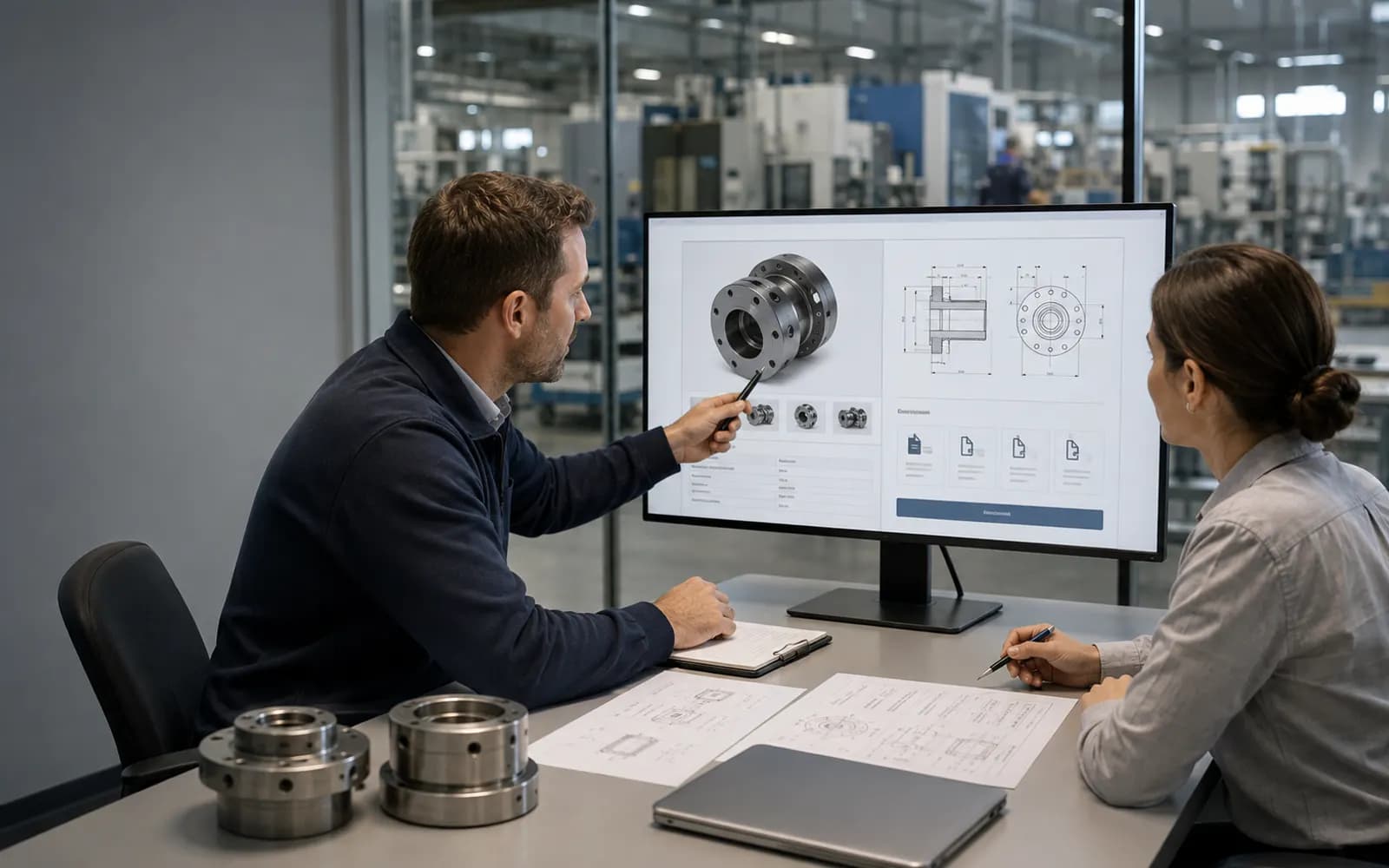 Technical sales team reviewing product specifications and an RFQ journey