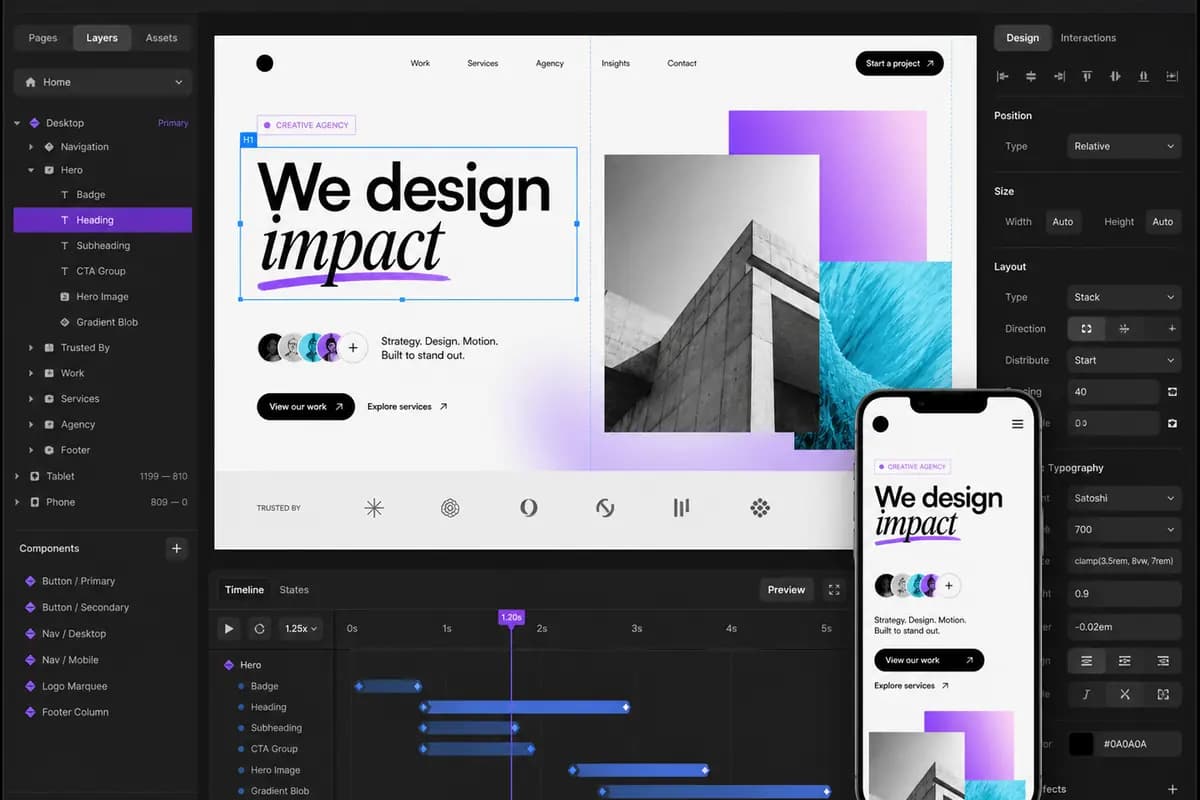 Framer design workspace with a responsive creative agency website and motion timeline