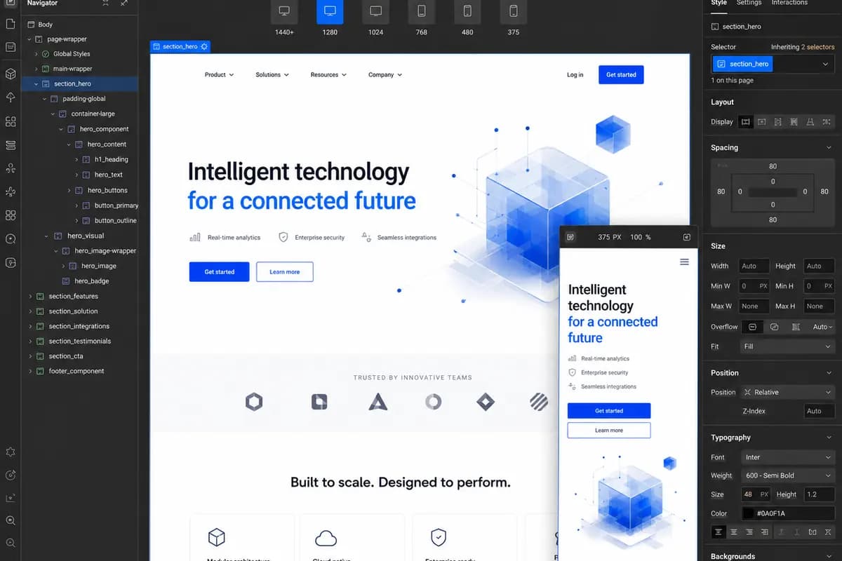 Webflow visual development workspace with responsive technology website previews