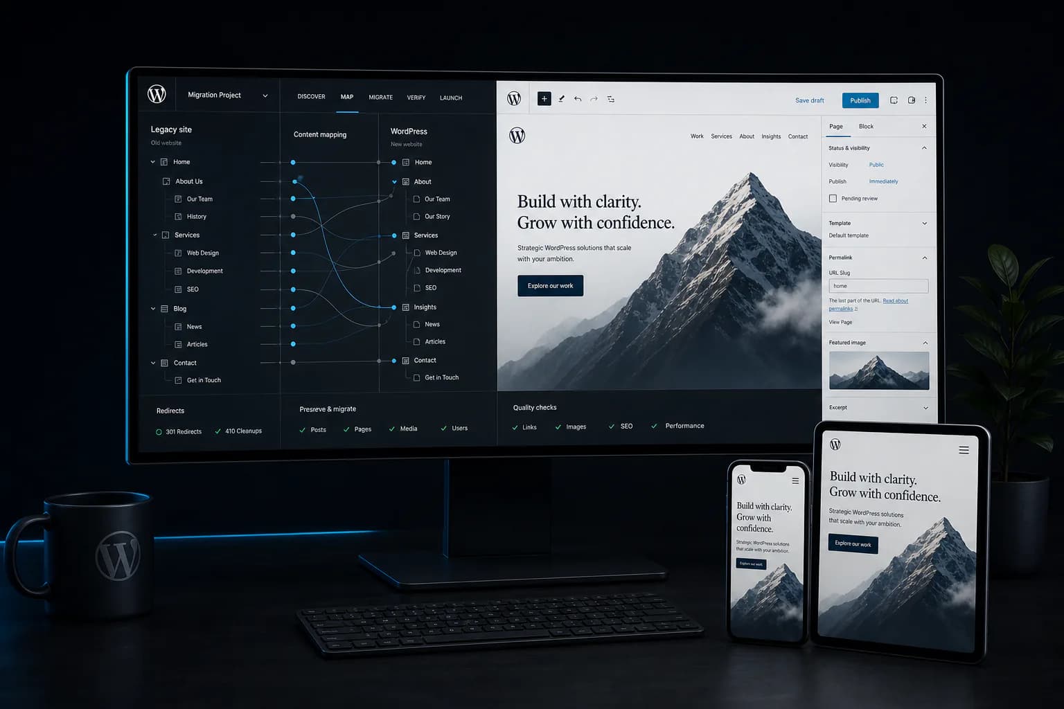 WordPress migration workspace mapping legacy content into a modern responsive website and editing system
