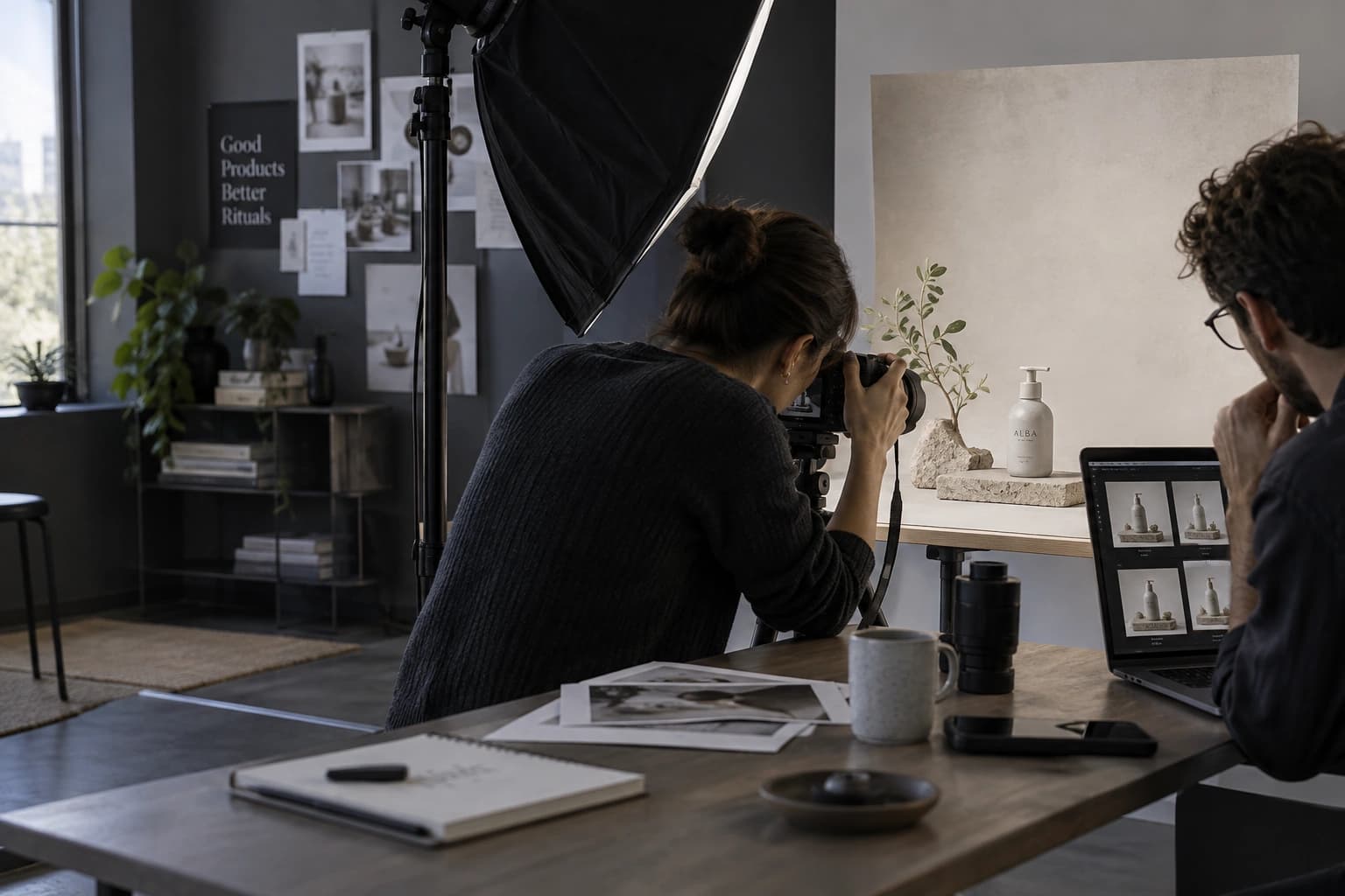 Content creator photographing a product in a small studio setup