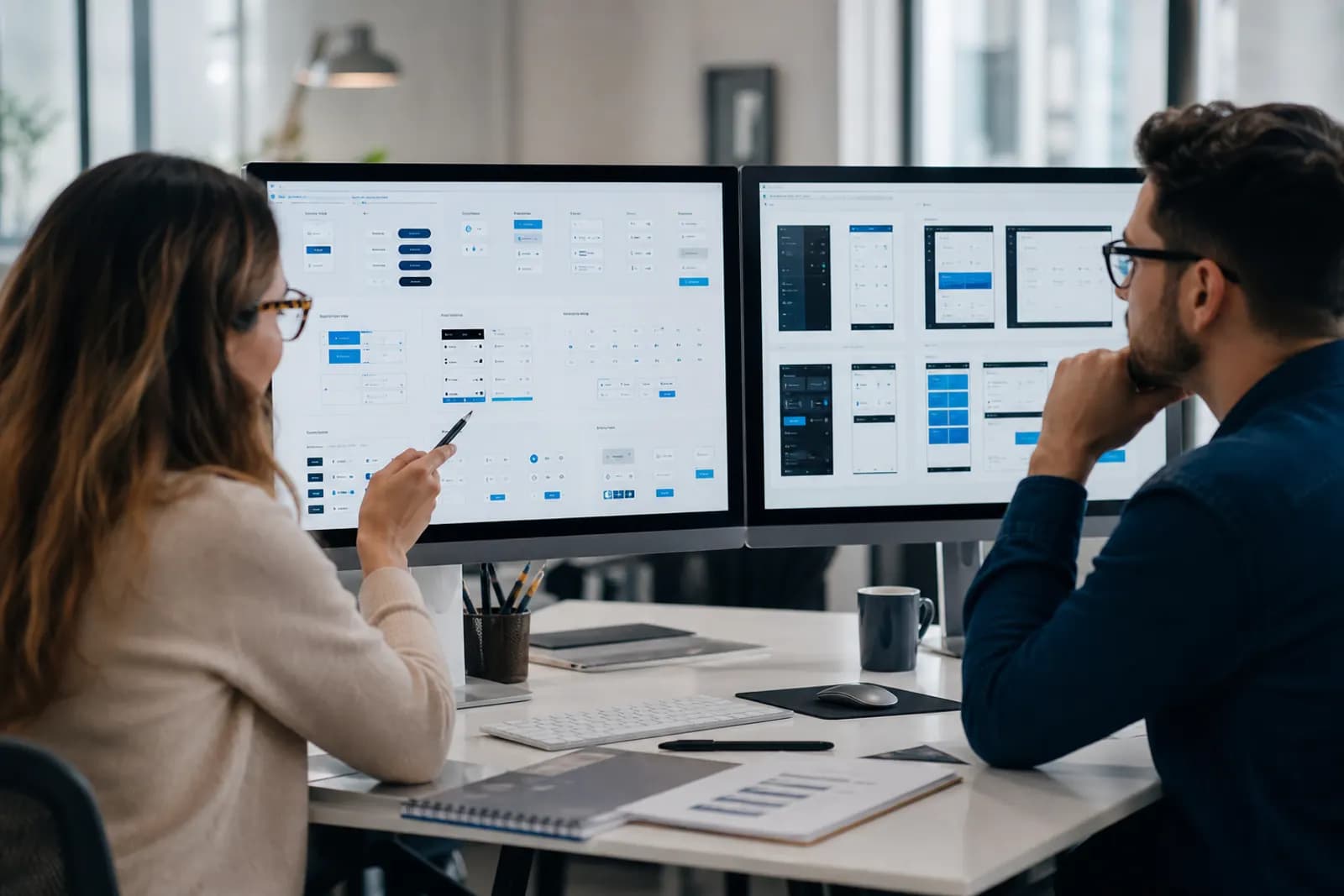 Designer and developer reviewing a responsive interface design system