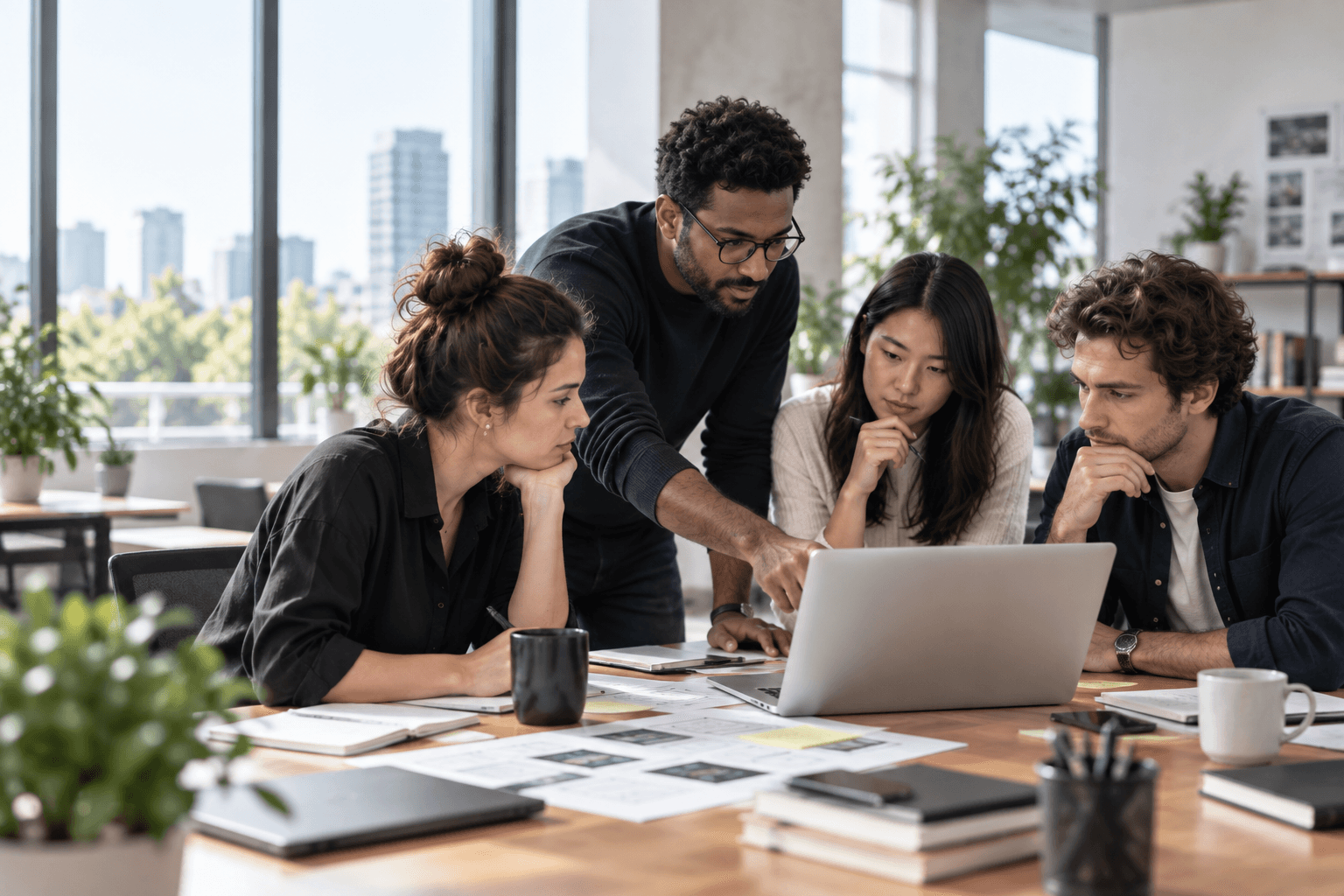 Digital professionals reviewing website work together in a bright studio