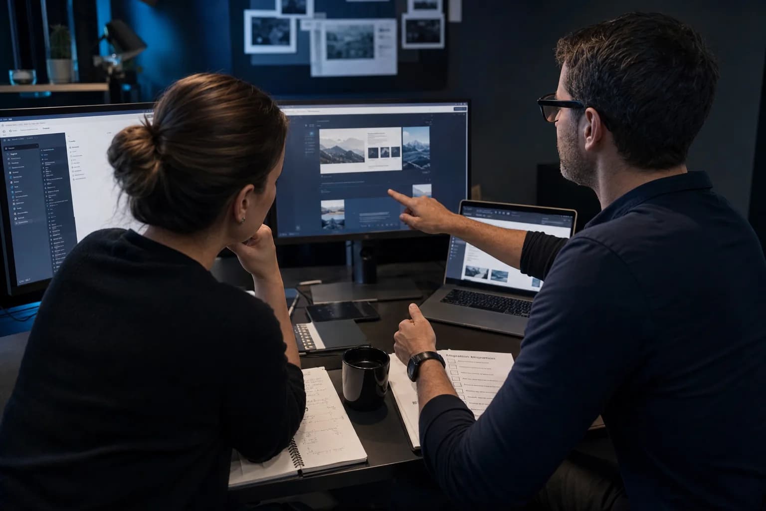 Web development specialists reviewing a business website platform and migration requirements