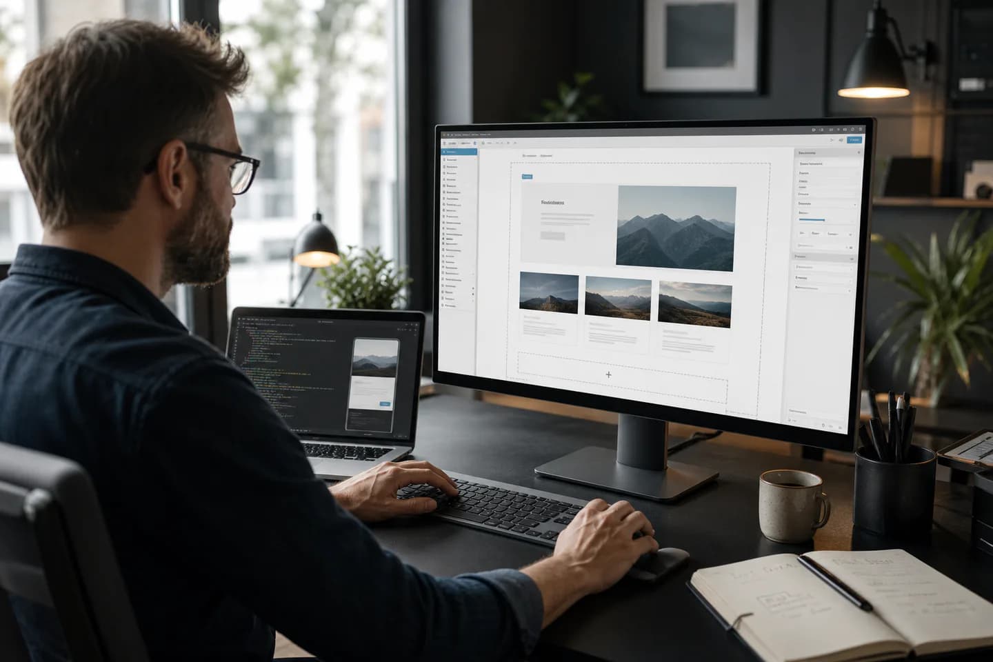 Developer building a structured content-managed website in a professional studio