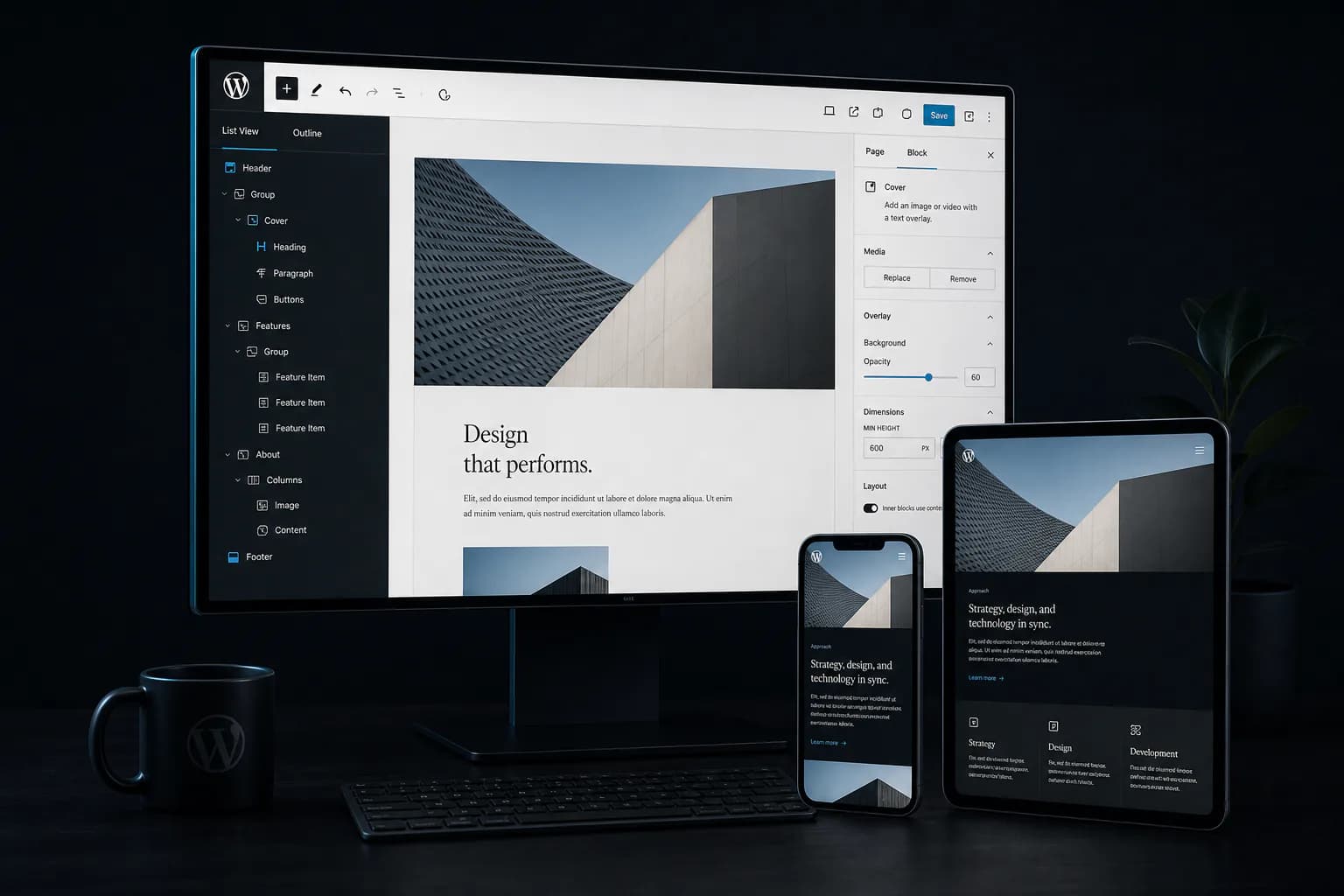 WordPress block editor with responsive desktop, tablet and mobile website previews in a professional development workspace