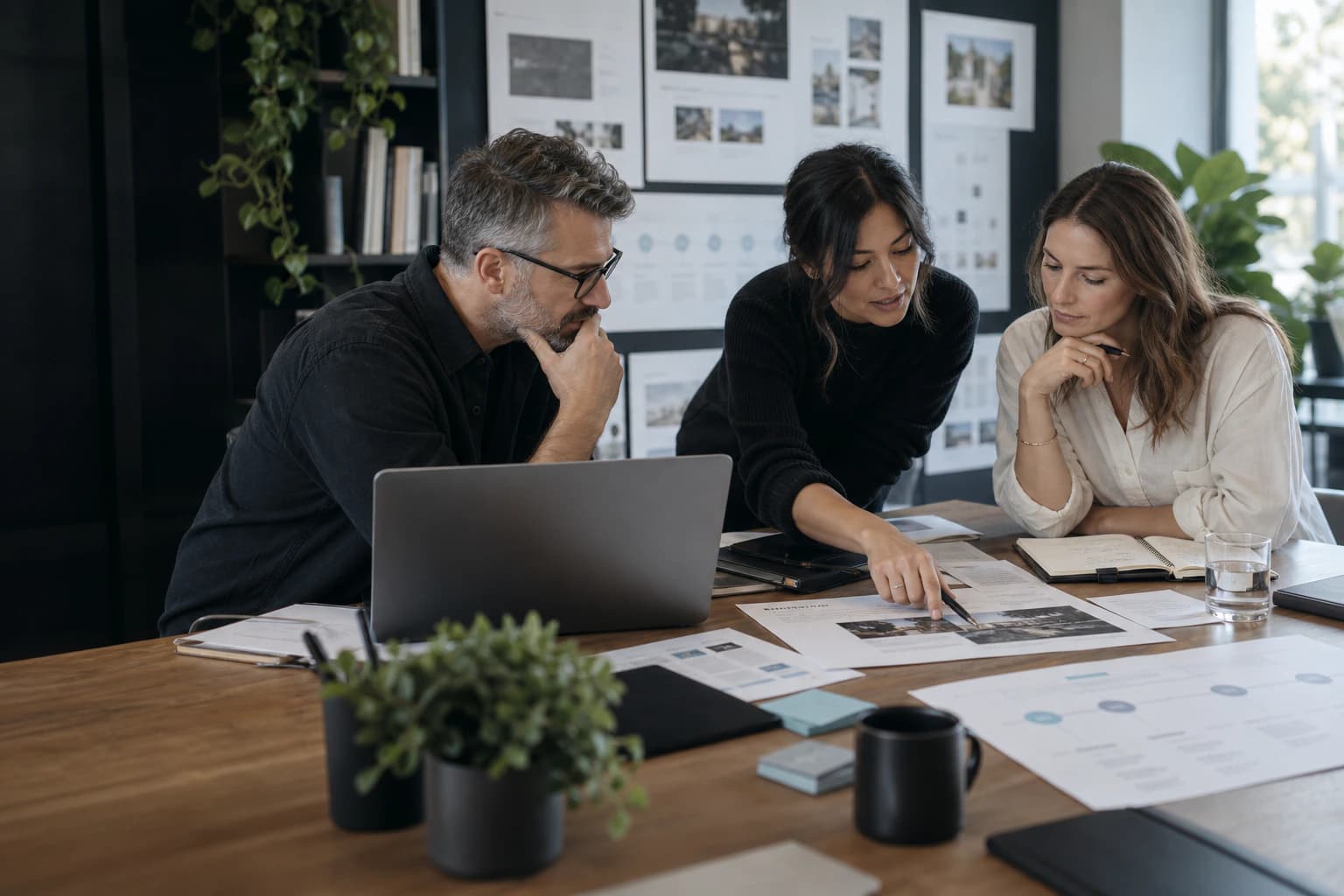 Business stakeholder and digital consultants reviewing a website, project brief and customer journey materials during discovery