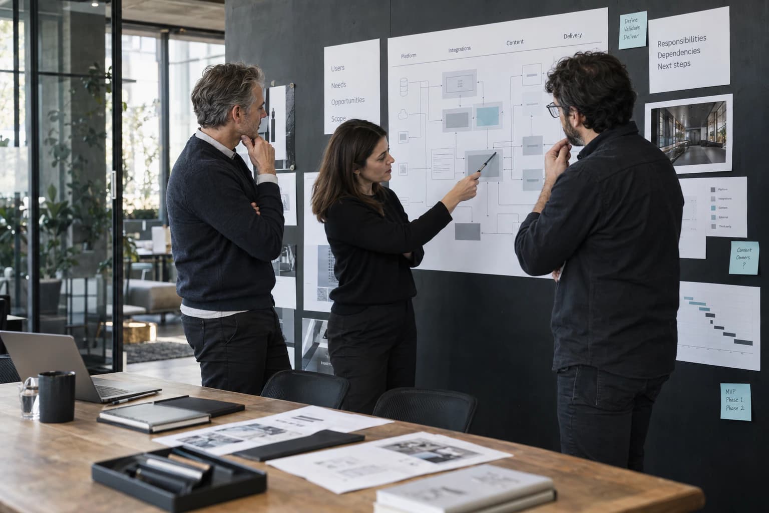 Technical lead, project director and client stakeholder reviewing a platform architecture and delivery dependencies