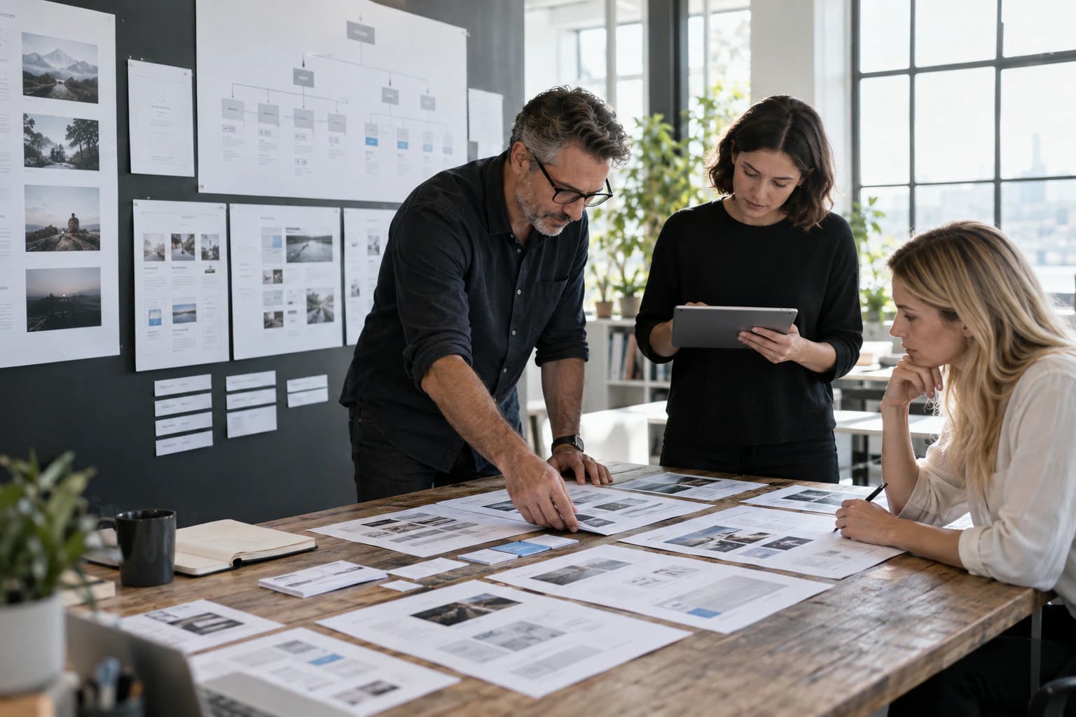 UX designer, content strategist and stakeholder reviewing information architecture, page hierarchy and wireframes