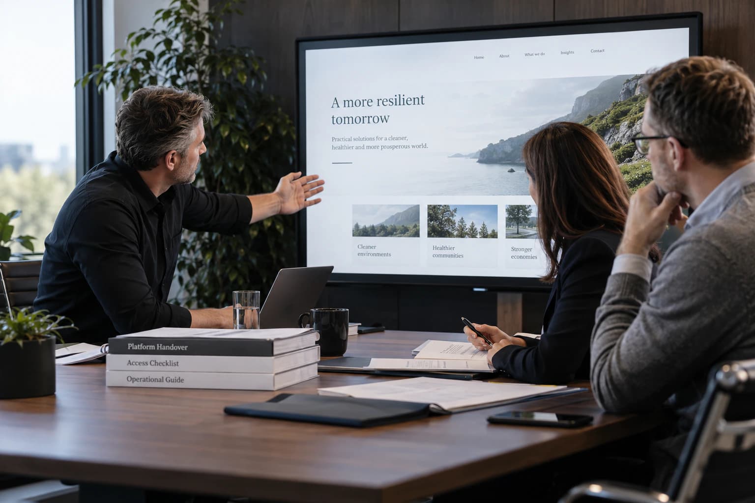 Delivery lead guiding client stakeholders through a live digital platform and organized handover materials