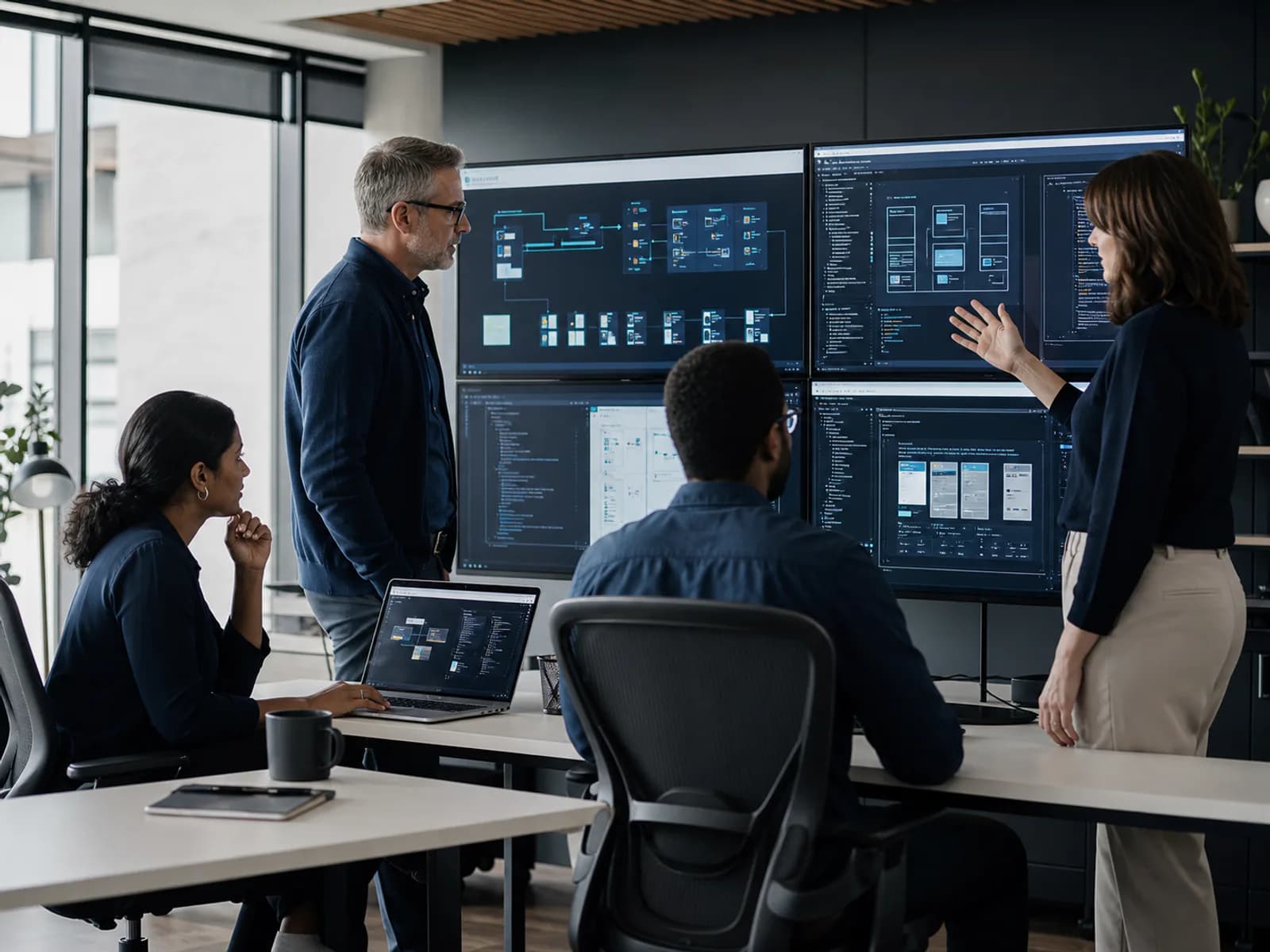 Engineering team reviewing the architecture and interface of a custom business web platform