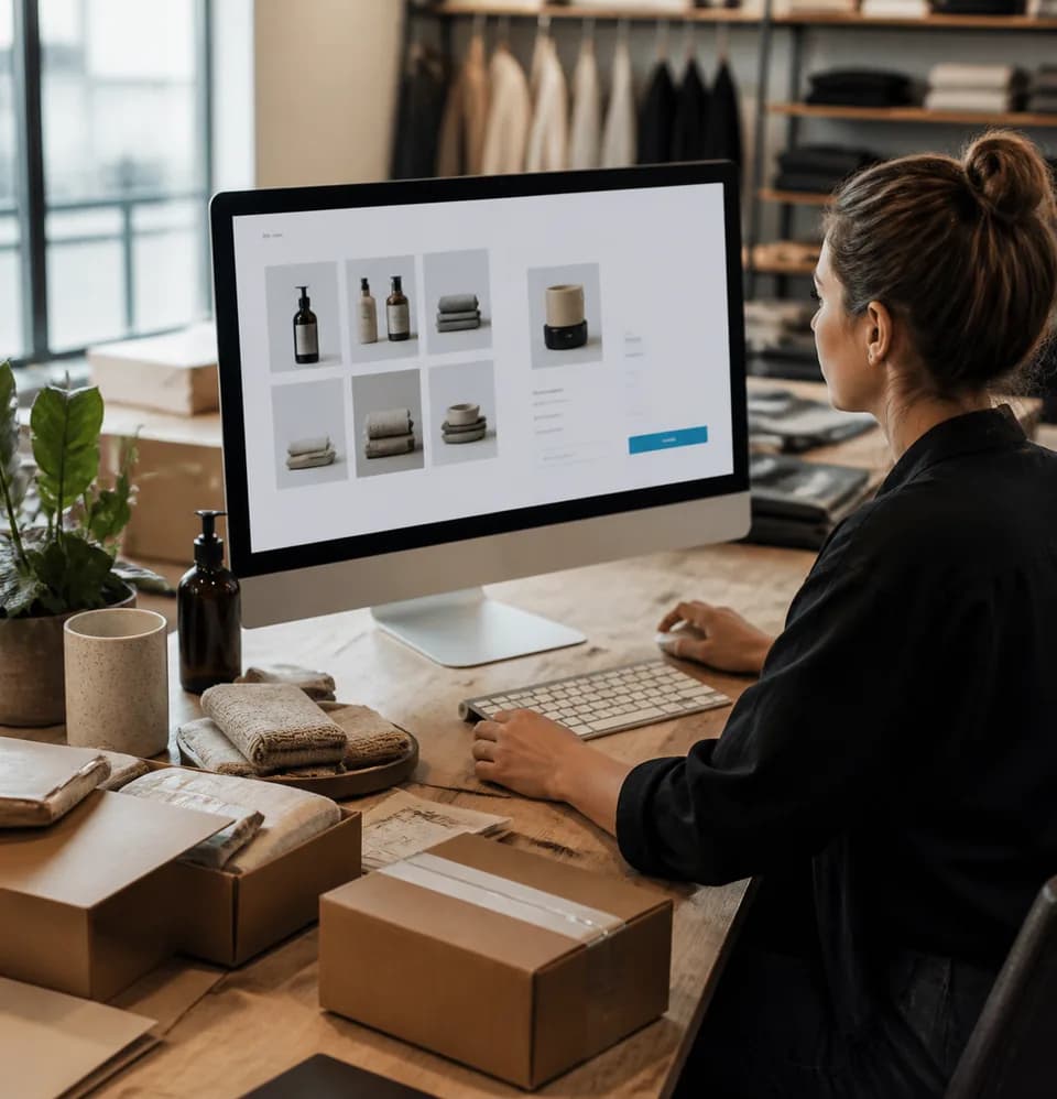 E-commerce specialist reviewing an online storefront and product catalog