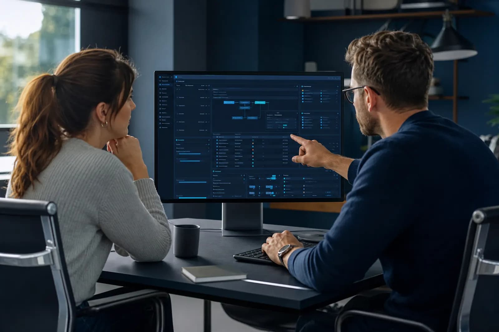 Product team reviewing a custom business dashboard and workflow application