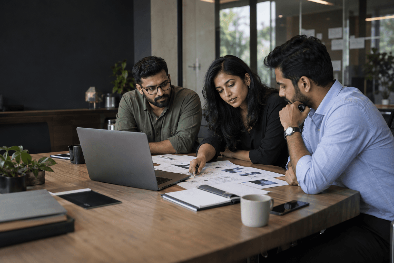 A business client and digital specialists reviewing an early project plan together
