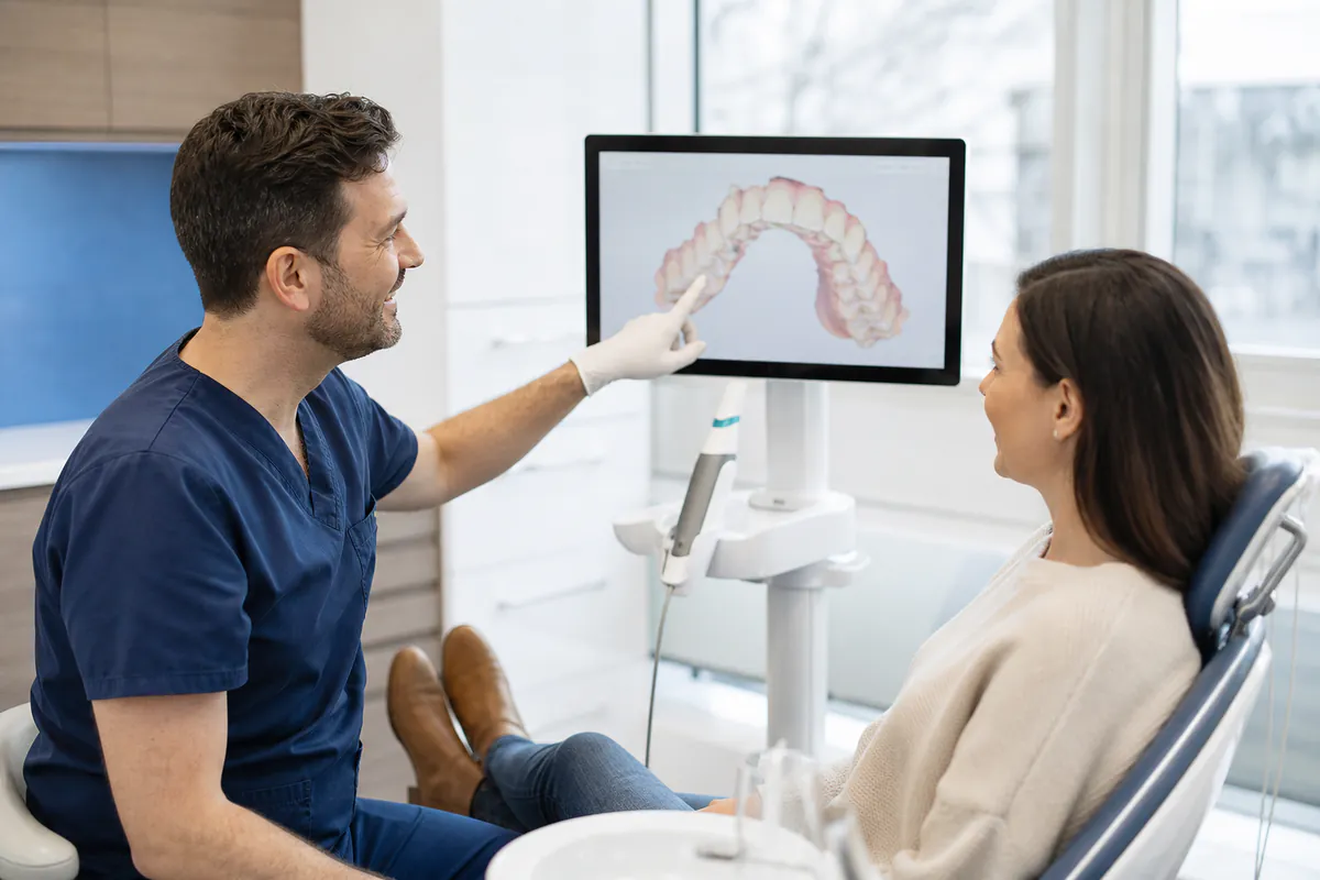 A dentist explaining a digital treatment plan to a patient