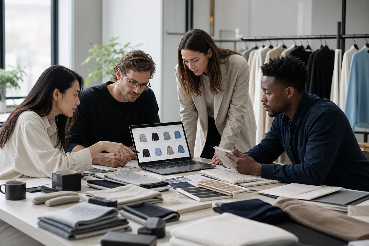 A fashion brand team reviewing apparel, fabrics and online merchandising