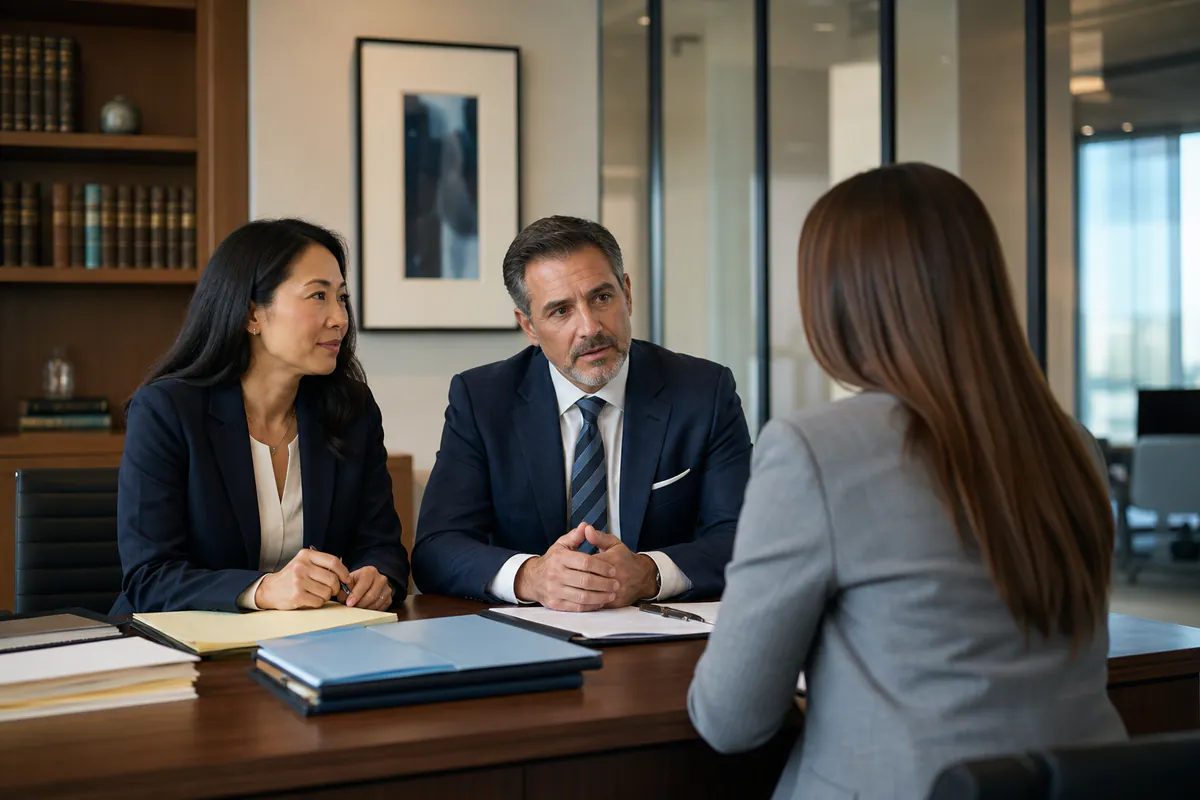 Attorneys meeting with a client in a professional law office