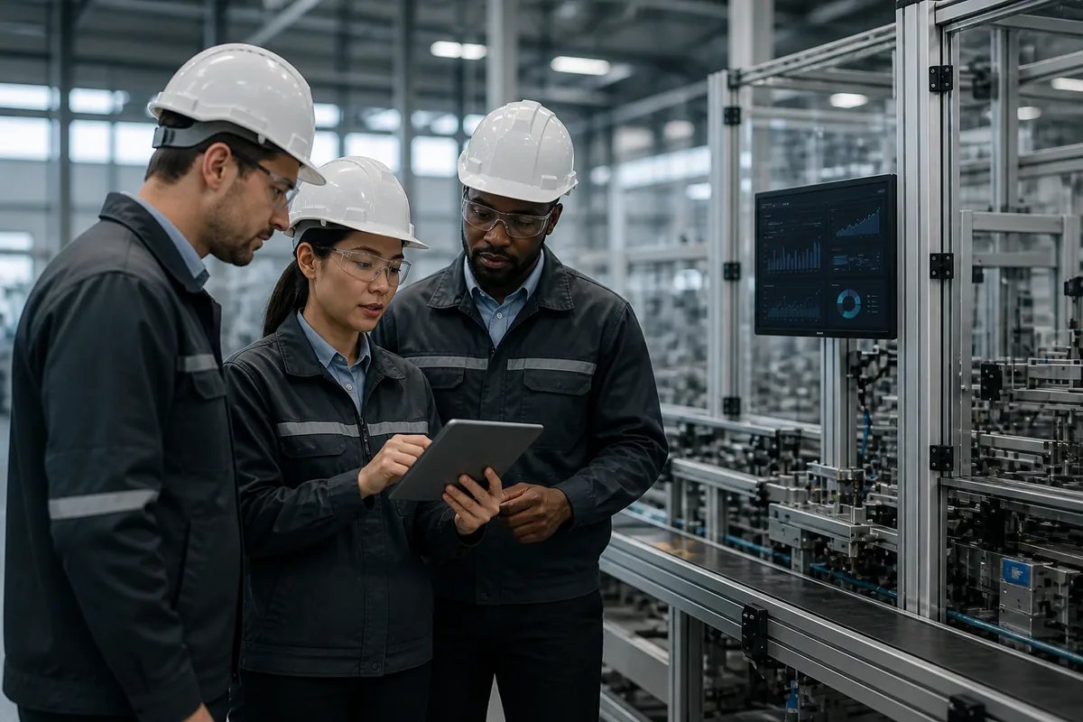 Manufacturing engineers reviewing production data beside an automated line